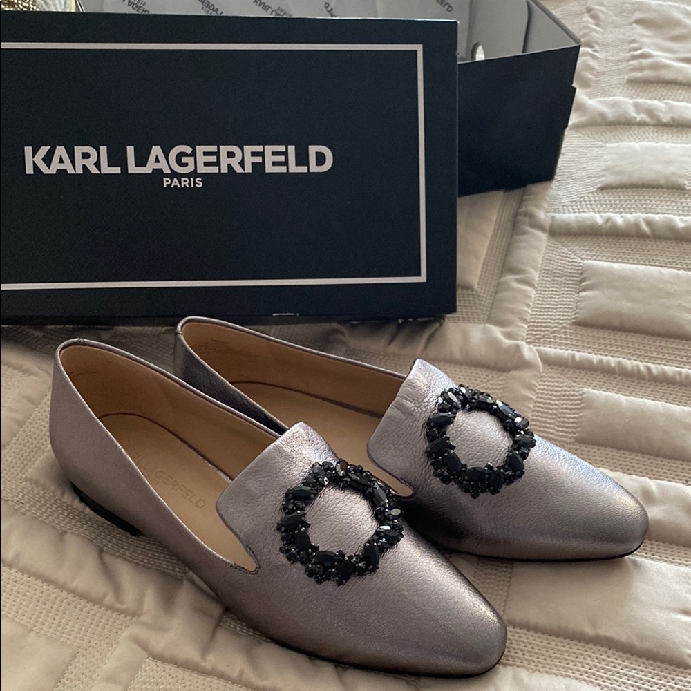 Karl Lagerfeld Silver Flats with Pointed Toe and Embellishment